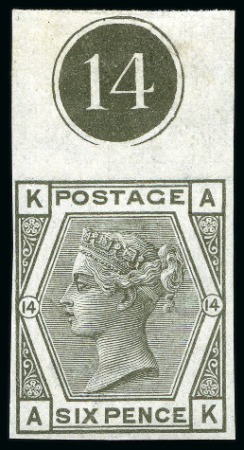 Stamp of Great Britain » 1855-1900 Surface Printed » 1873-80 Large Coloured Corner Letters 1873-80 6d Grey pl.14 AK imperforate imprimatur mint large part og upper marginal with plate number