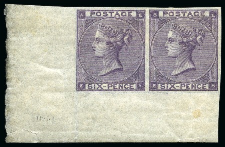 Stamp of Great Britain » 1855-1900 Surface Printed » 1862-64 Small Uncoloured Corner Letters 1862-64 6d Lilac pl.4 (hair lines) EA-EB imperforate lower left corner marginal pair with inverted watermark
