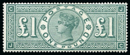 Stamp of Great Britain » 1855-1900 Surface Printed » 1887-1900 Jubilee Issue & 1891 £1 Green 1891 £1 Green pl.2 JC mint nh showing frame break variety at foot