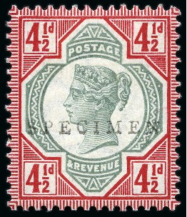 Stamp of Great Britain » 1855-1900 Surface Printed » 1887-1900 Jubilee Issue & 1891 £1 Green 1892 4 1/2d Colour trial in the issued colours with "SPECIMEN" type 13 ovpt