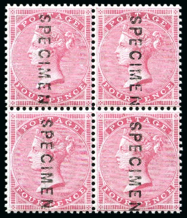 Stamp of Great Britain » 1855-1900 Surface Printed » 1855-57 No Corner Letters 1855-57 Wmk Medium Garter 4d carmine on thick blued highly glazed paper with "SPECIMEN" type 2 overprint vertically in mint nh block of four