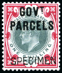 Stamp of Great Britain » Officials GOVERNMENT PARCELS: 1902 1s Green & Carmine with "SPECIMEN" type 16 overprint, mint nh