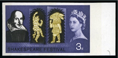Stamp of Great Britain » Queen Elizabeth II 1964 Shakespeare Festival (phosphor) 3d to 1s6d set of four imperforate imprimaturs with "BPMA" handstamps on reverse