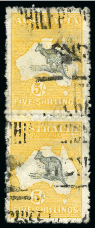Stamp of Australia » Commonwealth of Australia 1915 Roo 5s grey and yellow, wmk 5, rejoined vertical pair showing variety YELLOW PORTION PRINTED DOUBLE