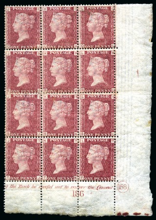 Stamp of Great Britain » 1854-70 Perforated Line Engraved 1864-79 1d Rose red pl.158 QJ/TL lower right hand corner marginal block of twelve showing part sheet inscription and plate number "158"