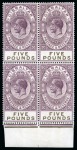 Stamp of Gibraltar 1925-32 £5 Violet & Black mint lower marginal block of 4