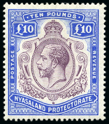 Stamp of Nyasaland » Nyasaland Protectorate 1913-19 £10 Purple and Dull Ultramarine, original printing, showing variety "Nick in top right scroll"