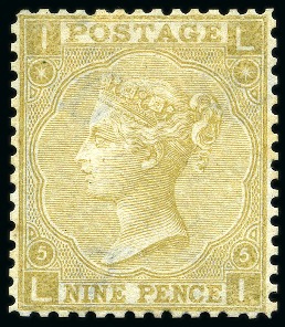 Stamp of Great Britain » 1855-1900 Surface Printed » 1865-67 Large Uncoloured Corner Letters, Wmk Large Garter & Emblems 1865-67 9d Straw pl.5 LI line perforated imprimatur produced for inclusion in the "Before and After the Stamp Committee" presentation album