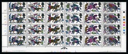 Stamp of Great Britain » Queen Elizabeth II 1966 4d Battle of Hastings (ordinary paper) with ERROR OLIVE-GREEN OMITTED in mint nh lower part sheet  of four rows with cylinder numbers and traffic lights