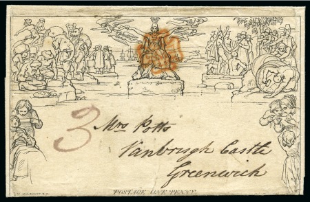 Stamp of Great Britain » 1840 Mulreadys & Caricatures 1840 (Nov 18) 1d Mulready lettersheet, forme 1, stereo A31 "Substituted Stereo"), sent from Gravesend to Vanbrugh Castle, Greenwich