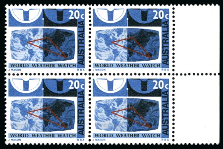 Stamp of Australia » Commonwealth of Australia 1968 World Weather Watch 20c with ERROR WHITE OMITTED (Radio waves) in mint nh right marginal block of four