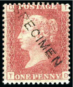 Stamp of Great Britain » 1854-70 Perforated Line Engraved 1858 1d Rose red pl.121 TD, printed on Dr. Perkins blued security paper with "SPECIMEN" overprint