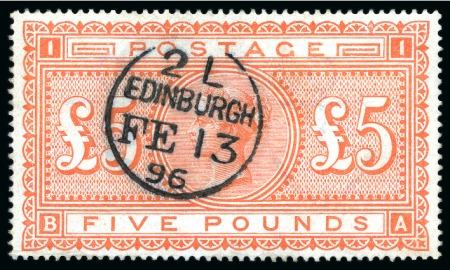 Stamp of Great Britain » 1855-1900 Surface Printed » 1867-83 High Values 1867-83 £5 Orange BA on white paper neatly cancelled by a crisp Edinburgh cds