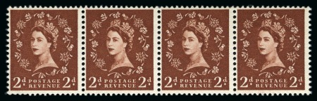 Stamp of Great Britain » Queen Elizabeth II 1958-65 Wildings "Dollis Hill" phosphor trial 2d red-brown horizontal strip of four on ungummed unwatermarked specially prepared hand made paper