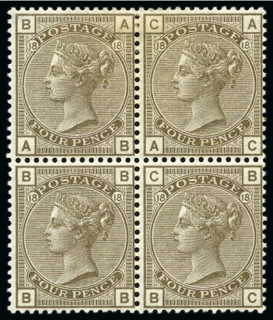 Stamp of Great Britain » 1855-1900 Surface Printed » 1880-83 Large Coloured Corner Letters, Wmk Imperial Crown 1880-83 4d Grey-Brown pl.18 AB-BC mint og block of four