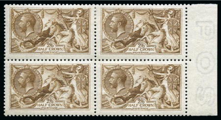 Stamp of Great Britain » King George V » 1913-19 Seahorse Issues 1915 De La Rue 2s6d yellow-brown Seahorse with INVERTED WATERMARK in mint og right marginal block of four