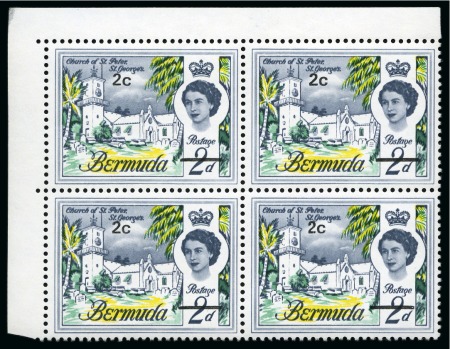 Stamp of Bermuda 1970 Decimal currency 2c on 2d with ERROR LILAC OMITTED in top left corner marginal block of 4