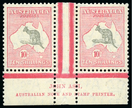 Stamp of Australia » Commonwealth of Australia 1931-36 Roo 10s grey and pink, wmk 15, lower margin interpanneau horizontal pair with "JOHN ASH" imprint