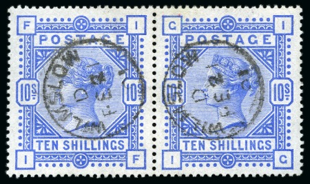 Stamp of Great Britain » 1855-1900 Surface Printed » 1883-84 & 1888 High Values 1883-84 10s Ultramarine IF-IG horizontal pair neatly cancelled by Wilmslow FE.21.1891cds