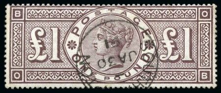 Stamp of Great Britain » 1855-1900 Surface Printed » 1883-84 & 1888 High Values 1884 Wmk Crowns £1 Brown-Lilac OB neatly cancelled by a Southampton JA.30.1891 cds