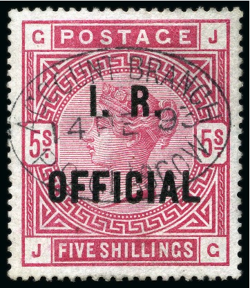 Stamp of Great Britain » Officials INLAND REVENUE: 1890 5s Rose on white paper with " I.R. Official" overprint cancelled by "ACCOUNT BRANCH / P.O. GLASGOW" ds