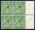 Stamp of Great Britain » King George V » 1912-24 Profile Head Issues 1913 Wmk Mult. Royal Cypher 1/2d bright green & 1d dull scarlet both in mint nh right marginal blocks of four