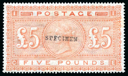 Stamp of Great Britain » 1855-1900 Surface Printed » 1867-83 High Values 1867-83 £5 Orange pl.1 CE on blued paper "SPECIMEN" type 9 overprint
