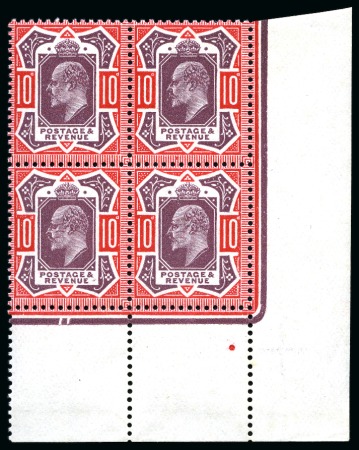 Stamp of Great Britain » King Edward VII » 1911-13 Somerset House Issues 1911-13 Somerset House 10d dull reddish purple & aniline pink mint nh corner marginal block of four