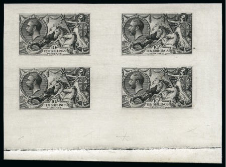 Stamp of Great Britain » King George V » 1913-19 Seahorse Issues 1929 10s Seahorse experimental plate proof, imperforate block of four of the rolled impression with outer frame lines incomplete