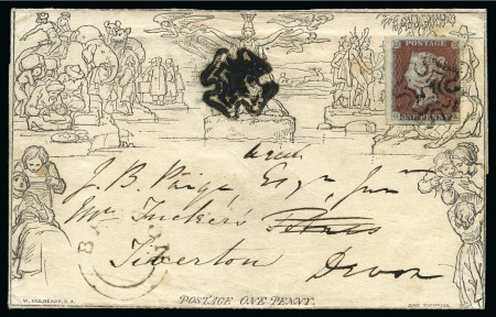 Stamp of Great Britain » 1840 Mulreadys & Caricatures 1841 (Jun 10) 1d Mulready lettersheet sent from Bruton (Somerset) to Totnes uprated with 1841 1d red pl.1b GA