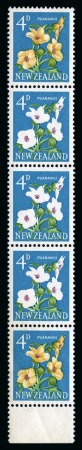 Stamp of New Zealand 1960-66 4d Purangi with ERROR BUFF OMITTED in mint og vertical strip of five with three stamps showing the error