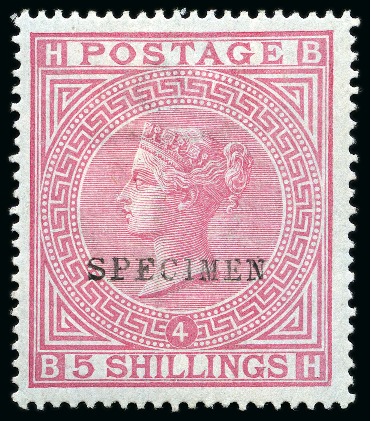 Stamp of Great Britain » 1855-1900 Surface Printed » 1867-83 High Values 1867-83 Wmk Anchor 5s rose pl.4 on blued paper with "SPECIMEN" type 9, mint og