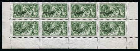 Stamp of Great Britain » King George V » 1913-19 Seahorse Issues 1913 £1 Yellowish green colour trial on Joynson experimental paper with "CANCELLED" overprint, perf.11x12, in mint nh block of 8