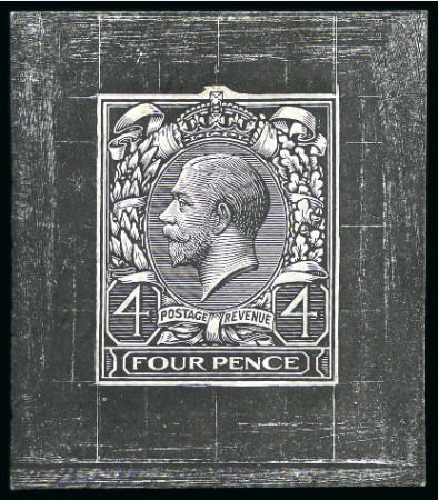 Stamp of Great Britain » King George V » 1912-24 Profile Head Issues 1912 4d Die proof in black on white glazed card (33x38mm) with uncleared surround