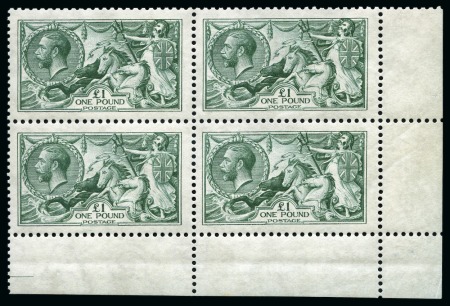 Stamp of Great Britain » King George V » 1913-19 Seahorse Issues 1913 Waterlow £1 dull blue-green Seahorse in mint nh lower right corner marginal block of four