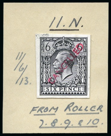 Stamp of Great Britain » King George V » 1912-24 Profile Head Issues 1913 6d Die Proof in black on white glazed card affixed to a large annotated piece overprinted "CANCELLED"