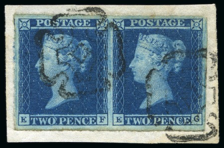 Stamp of Great Britain » 1841 2d Blue 1841 2d Blue pl.3 EF-EG pair, good to large margins, neatly tied to a small piece by York DISTINCTIVE MCs