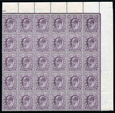 Stamp of Great Britain » King Edward VII » 1902-10 De La Rue Issues 1902-10 De La Rue 6d slate purple (O) mint nh corner marginal block of thirty