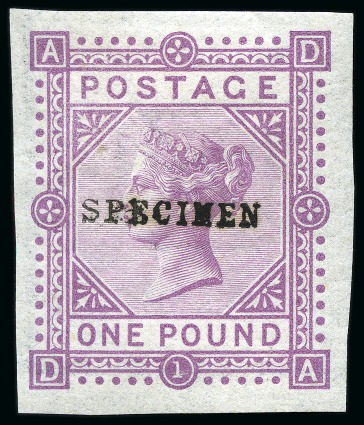 Stamp of Great Britain » 1855-1900 Surface Printed » 1867-83 High Values 1867-83 £1 imperforate colour trial in mauve with "SPECIMEN" type 9 overprint