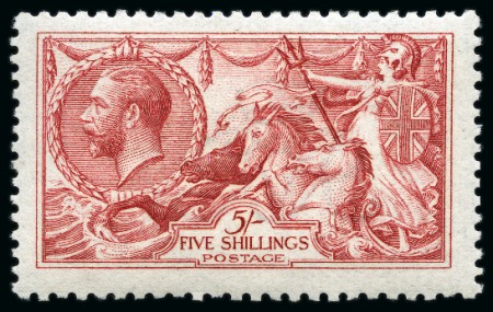Stamp of Great Britain » King George V » 1913-19 Seahorse Issues 1915 De La Rue 5s pale carmine (worn plate) Seahorse, mint nh