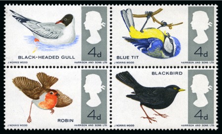 Stamp of Great Britain » Queen Elizabeth II 1966 British Birds 4d (ordinary paper) with ERROR EMERALD OMITTED (affecting Seagull, Blue tit, Robin) in mint nh se-tenant block of four