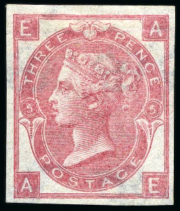 Stamp of Great Britain » 1855-1900 Surface Printed » 1865-67 Large Uncoloured Corner Letters, Wmk Large Garter & Emblems 1862-64 Wmk Emblems 3d rose pl.5 AE "abnormal" imperforate imprimatur, mint og