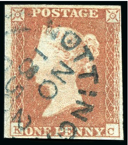 Stamp of Great Britain » 1841 1d Red 1841 1d Red-Brown pl.93 KC cancelled by a crisp blue Nottingham cds