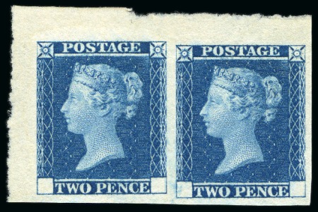 Stamp of Great Britain » Line Engraved Essays, Plate Proofs, Colour Trials and Reprints 1841 2d Blue trial without corner letters in top left hand corner marginal horizontal pair