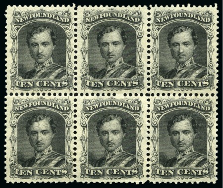 Stamp of Canada » Newfoundland 1865-71 Prince Consort 10c black, thin yellowish paper, in mint og block of six