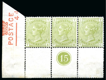 Stamp of Great Britain » 1855-1900 Surface Printed » 1873-80 Large Coloured Corner Letters 1873-80 4d Sage-Green pl.15. mint og lower left hand corner marginal horizontal strip of three lettered
