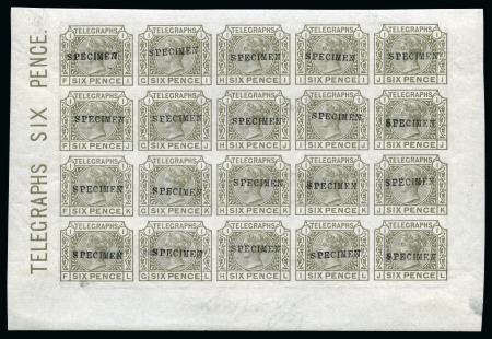 Stamp of Great Britain » Telegraphs 1877 6d Telegraphs pl.1 FI-JL mint og imperforate pane of twenty with "SPECIMEN" type 9 overprint