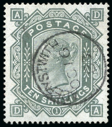 Stamp of Great Britain » 1855-1900 Surface Printed » 1867-83 High Values 1867-83 Wmk Anchor 10s grey-green pl.1 DA on blued paper neatly cancelled by a Aberystwith cds