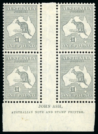 Stamp of Australia » Commonwealth of Australia 1931-36 Roo £1 grey mint og interpanneau block of 4 with "JOHN ASH" imprint