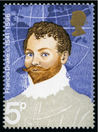 Stamp of Great Britain » Queen Elizabeth II 1973 British Explorers 5p mint nh with ERROR GREY-BLACK OMITTED (Sir Francis Drake's jacket) & PHOSPHOR OMITTED